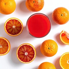 Bright overhead shot of a glass of juice with scattered oranges