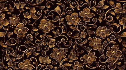Ornate gold floral pattern on black background.  Intricate, detailed, repeating design.  Small, stylized flowers and scrolls.  Rich, luxurious look