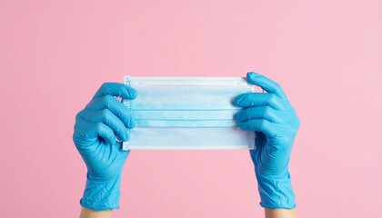 Healthcare professional's hands in sterile blue gloves holding a disposable surgical face mask for protection against viruses and bacteria on a pink background