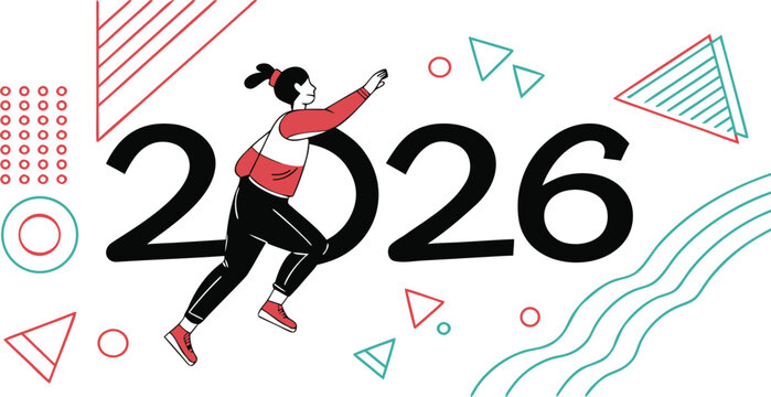 Woman running towards the year 2026 with abstract shapes