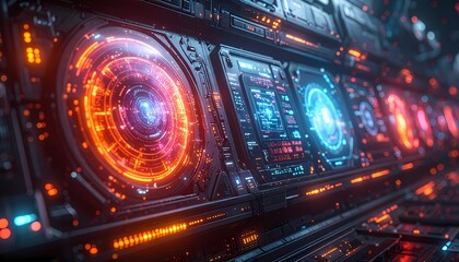 Obraz premium Futuristic Control Panel with Glowing Holographic Displays and Advanced Technology Interface.