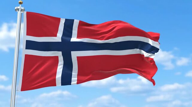 Norway Flag Waving Dynamically Against a Bright Blue Sky - National Symbol