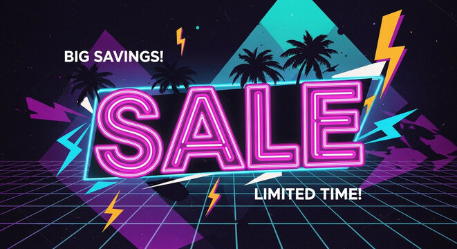 Retro sale design with neon glow, palm trees, lightning bolts, and geometric shapes for big savings and limited time offers