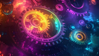 Obraz premium Vibrant Neon Gears Interconnected in a Dynamic Abstract System.