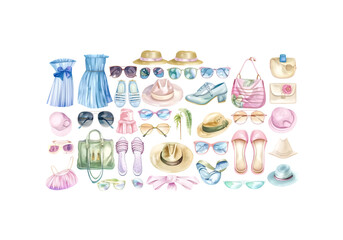 set of sunglasses, hats, handbags, and shoes, watercolor illustr