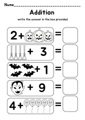 Halloween worksheet (Math, I Spy, finish the pattern, Sight word)