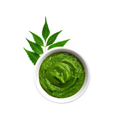Neem paste bowl with neem leaf on transparent background