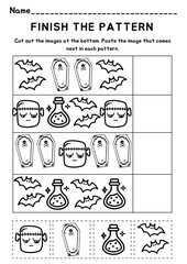 Halloween worksheet (Math, I Spy, finish the pattern, Sight word)