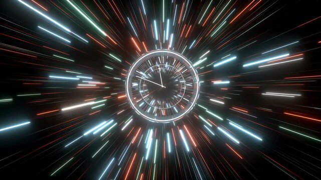 3d render of a circular clock floating in the center, metallic glossy surface with glowing details, surrounded by streaks of neon light forming a light tunnel effect, radiating from the background tow