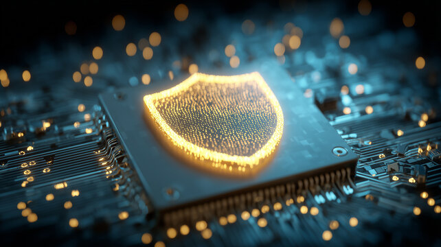 A shield embedded in a microchip representing platform security and cyber defense, illustrating resilient processing and protected information within embedded systems.
