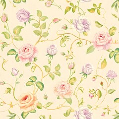 Seamless floral pattern with roses and leaves in pink vintage style