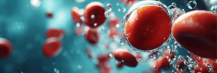 Microscopic view featuring red spherical cells and water droplets against a soft blue background