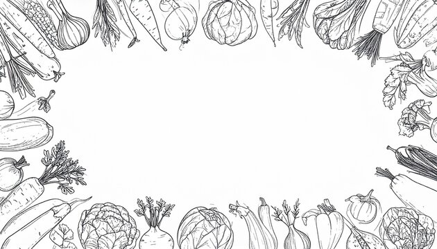 Hand-drawn border of various fresh vegetables, perfect for healthy eating and culinary themes