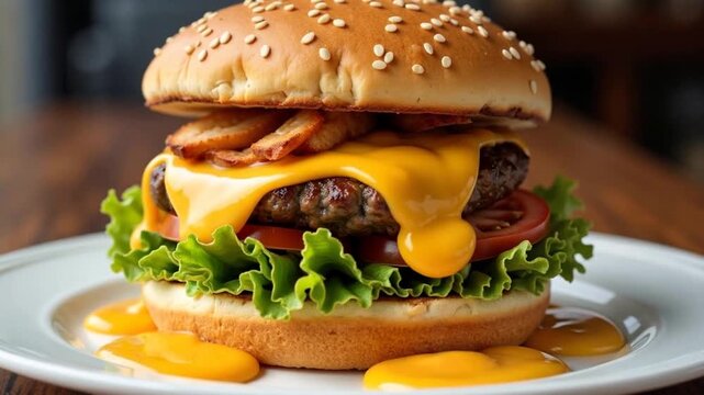 Mouthwatering cheeseburger drips with golden cheese, promising a delicious and satisfying meal experience for food lovers and burger enthusiasts