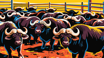 Herd of Buffaloes in Captivity Illustrator Artwork Banner Background Design Template  © art88
