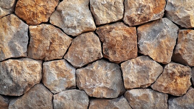 Close-up view of a stone wall, composed of irregular, rough-hewn stones in varying shades of brown and tan
