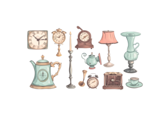 set of vintage household items teapot, clock, candlestick, gramo