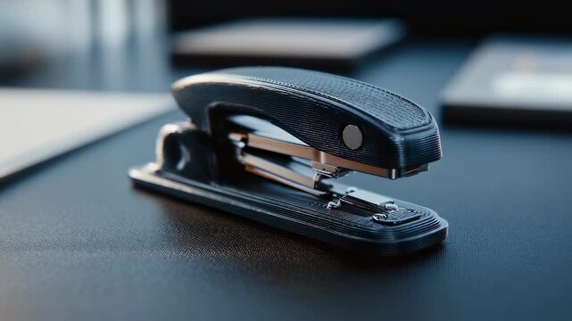 Closeup of a 3D printed stapler on a desk with sharp focus highlighting its intricate design while the background remains softly blurred.