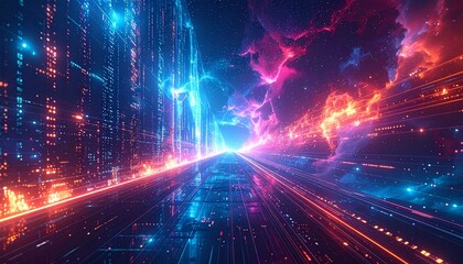 Vibrant journey through a futuristic cyberpunk cityscape with glowing neon data streams and a cosmic digital sky