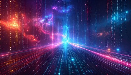Dynamic abstract concept of data flow and energy pathways, illustrating the intricate networks of a futuristic digital landscape with vibrant light trails