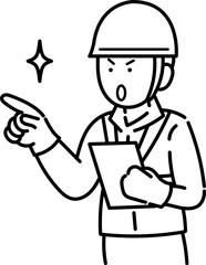 指差しで安全点検をする土木作業員のイラスト　線画のみ