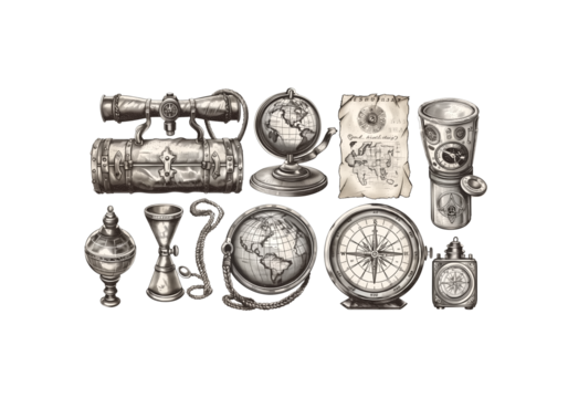 set of vintage travel items globe, compass, postcards, binocular