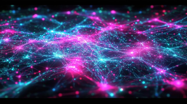 Neon cyberpunk network pattern in pink blue, glowing lines with dynamic energy. Futuristic, 80s style, digital concept, with luminous glow. Posters, web design, modern 90s, 2000s creative banner.