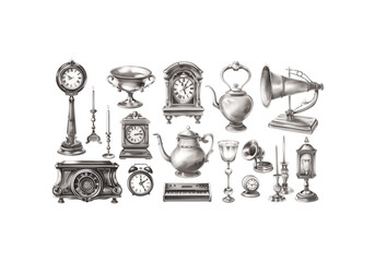 set of vintage household items teapot, clock, candlestick, gramo