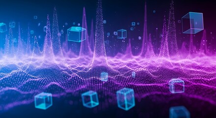 Abstract Digital Landscape with Glowing Waves and Floating Cubes.