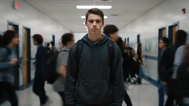 Young Male Student Feeling Isolated in a Busy School Hallway.