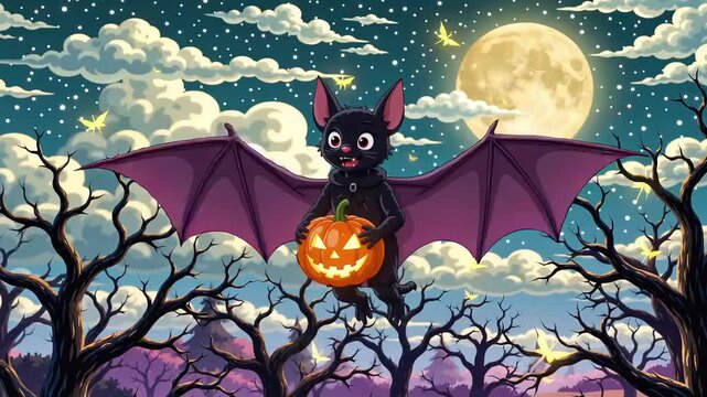 Cartoon bat flying with pumpkin under full moon and clouds  