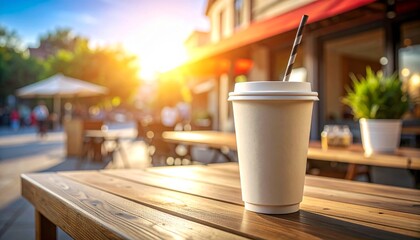 Coffee Break Paper Cup on Cafe Table in Morning Sunlight