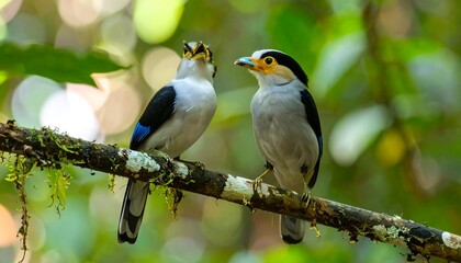 Two birds perched on a branch in a lush forest