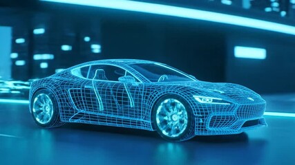 Futuristic Blue Wireframe Sports Car Glides Through Neon Cityscape at Night, Showcasing Advanced Automotive Design and Technology - Powered by Adobe