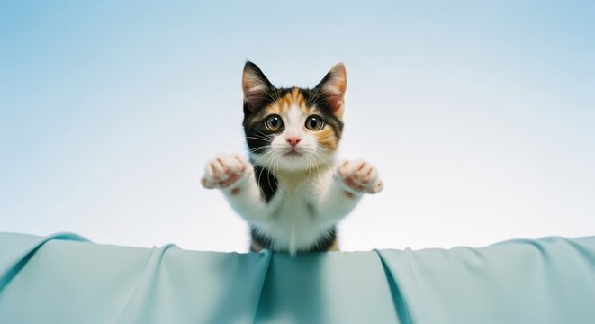 Charming low angle close up of an adorable calico kitten with wide eyes and outstretched paws - Powered by Adobe