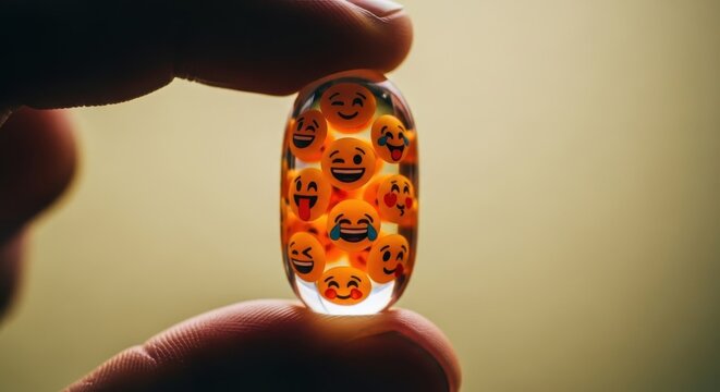 Clear capsule filled with diverse emoji faces held by fingers, symbolizing mood and communication - Powered by Adobe