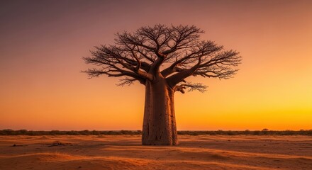 Majestic baobab tree silhouetted against a dramatic orange sunset in arid landscape