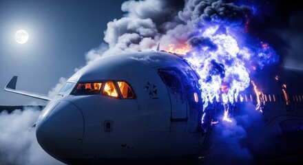 Fototapeta premium Passenger airplane front section engulfed in intense blue and orange flames under a moonlit night sky
