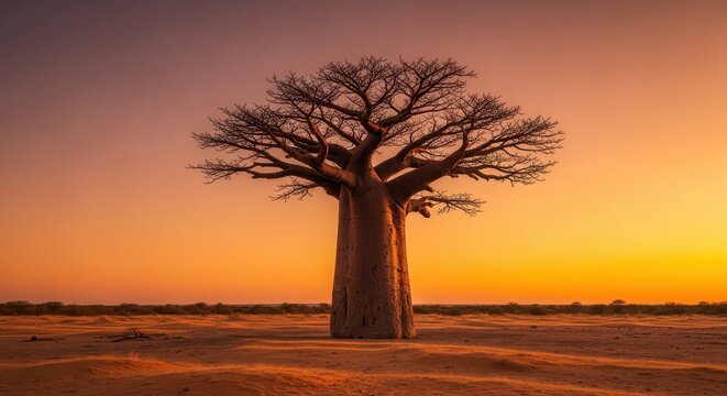 Majestic baobab tree silhouetted against a dramatic orange sunset in arid landscape