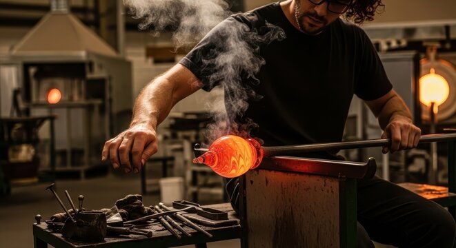 Skilled glassblower shaping molten glass with a blowpipe in a hot studio workshop - Powered by Adobe