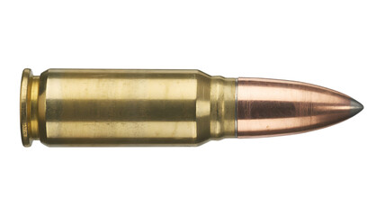 Detailed close-up macro shot of a single brass bullet for firearms isolated on transparent background