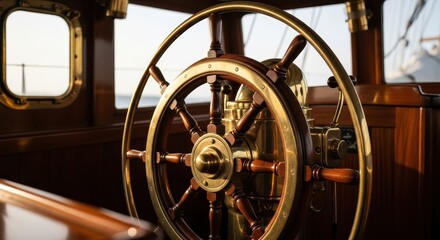 Detailed close up of an antique brass ship steering wheel with weathered patina and intricate wood grain