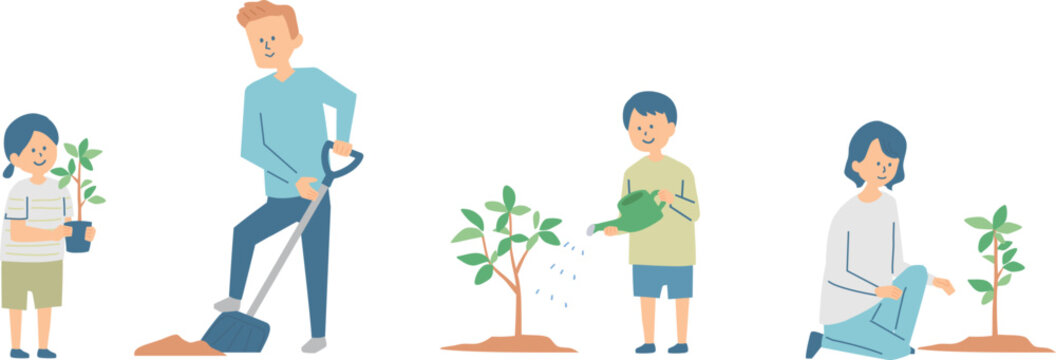 苗木を植える人々のイラスト