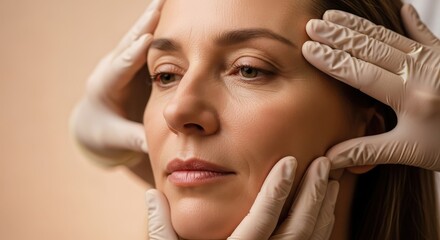 Naklejka premium Middle aged woman face examined by gloved hands for skin care or cosmetic procedure