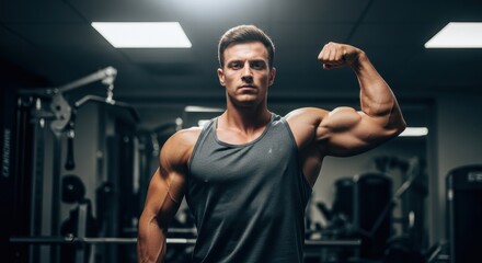 Determined muscular man flexing bicep in a modern gym, showcasing strength and fitness