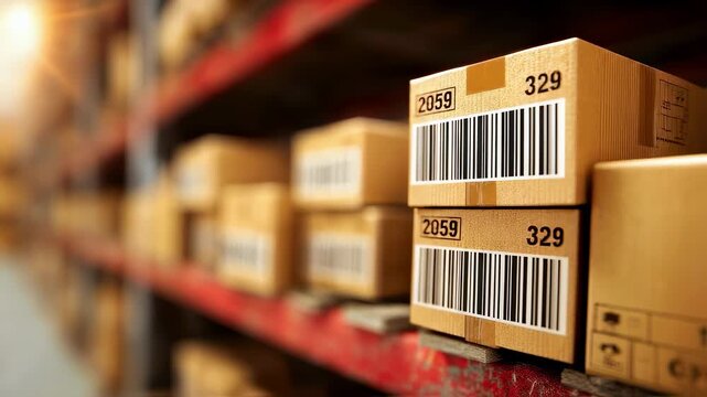 Closeup medium shot of barcode labels on stacked packages scanner beam highlighting the code while the warehouse environment softly fades out of focus.