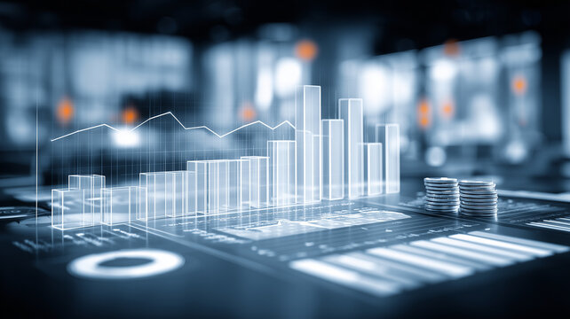 A digital finance dashboard with graphs and coin stacks illustrating investment analysis and economic performance, conveying fintech strategy, risk management, and data driven decision support for mod