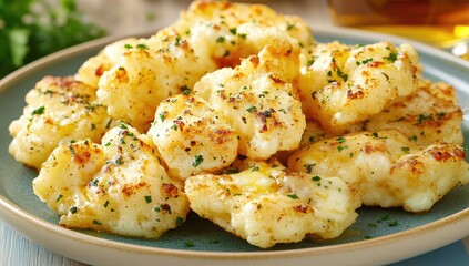 Fototapeta premium Golden, cooked cauliflower with herbs on a plate