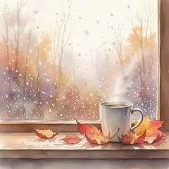 Cozy mug of hot beverage with autumn leaves on windowsill  