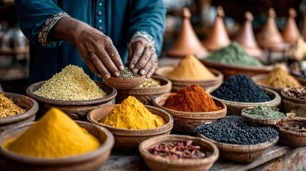 Vendor hands arranging spices in traditional market souk